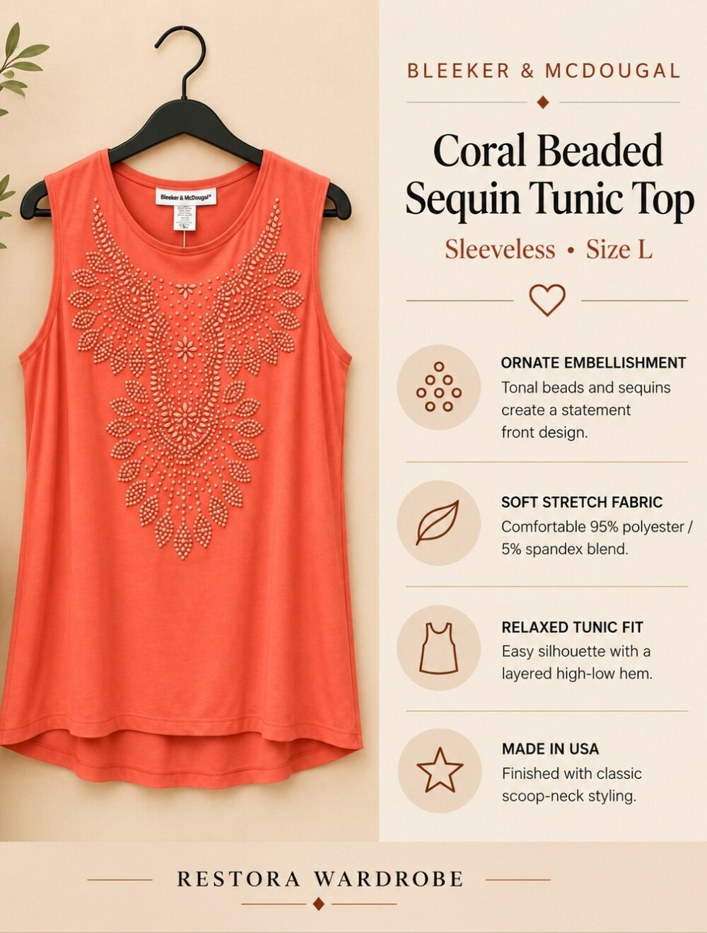 Bleeker & McDougal Coral Beaded Sequin Tunic Top Going Out Sleeveless L
